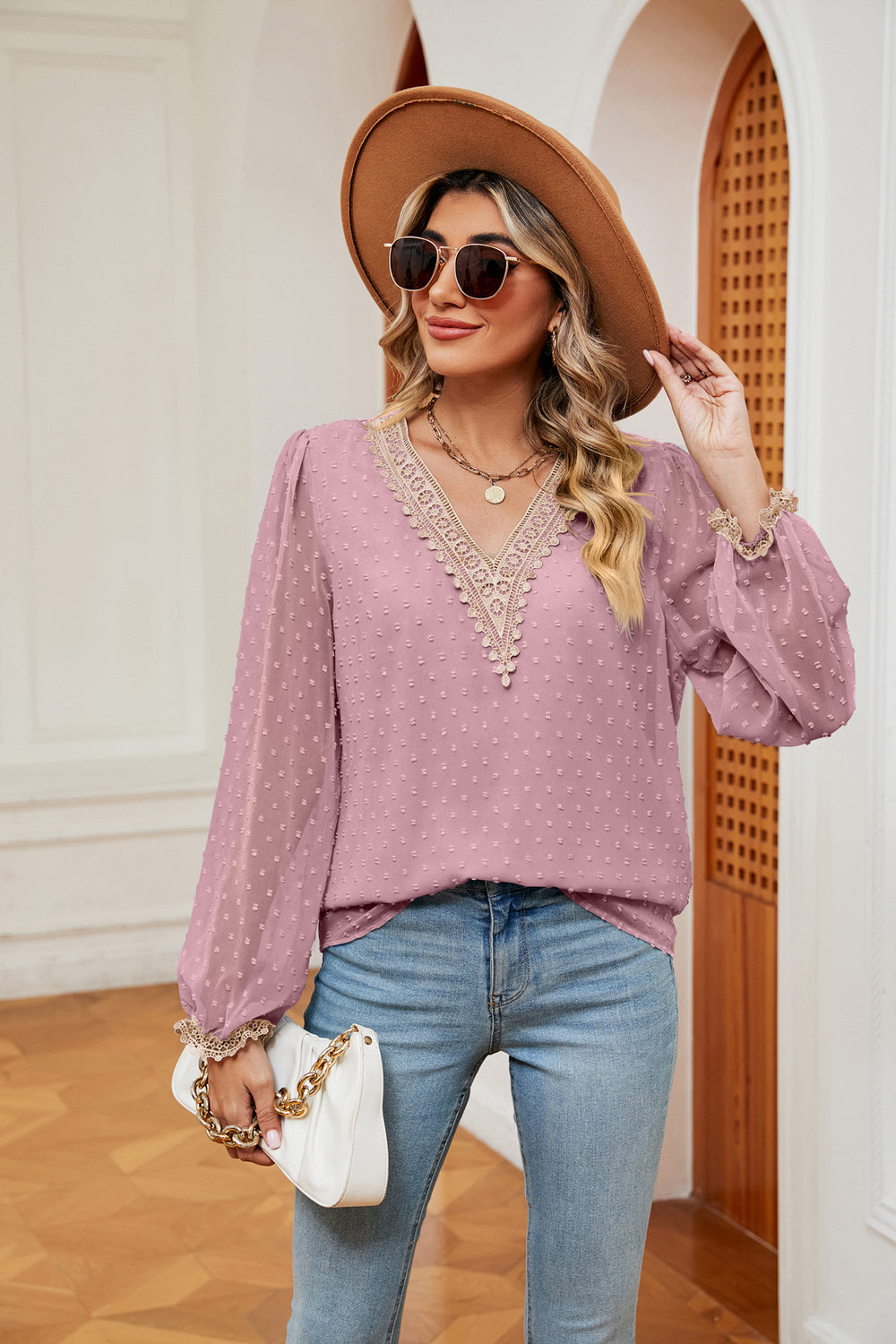 Women's Swiss Dot Contrast V-Neck Blouse
