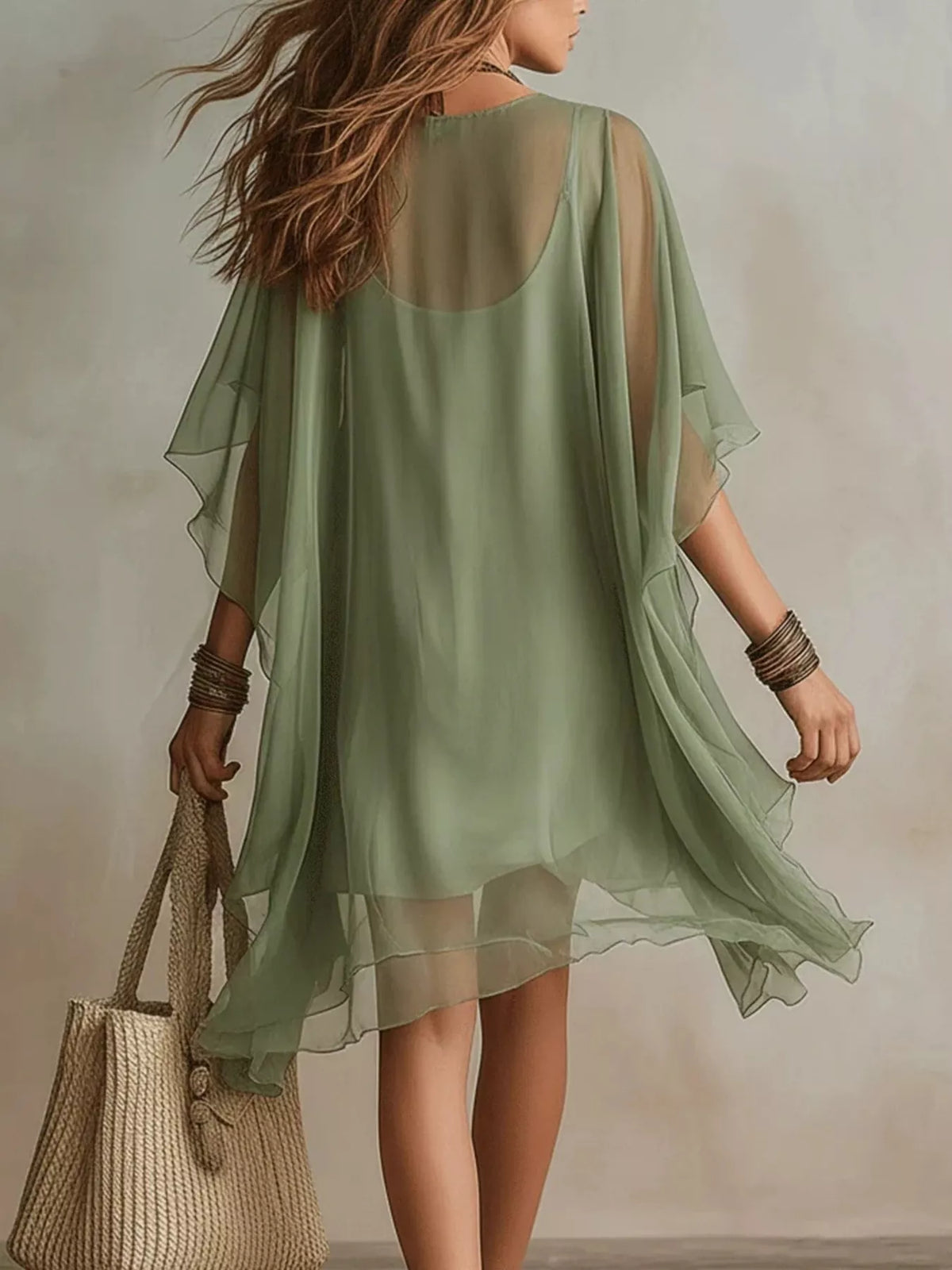 Women's Sage Chiffon V-Neck Flowy Mini Dress - Sage