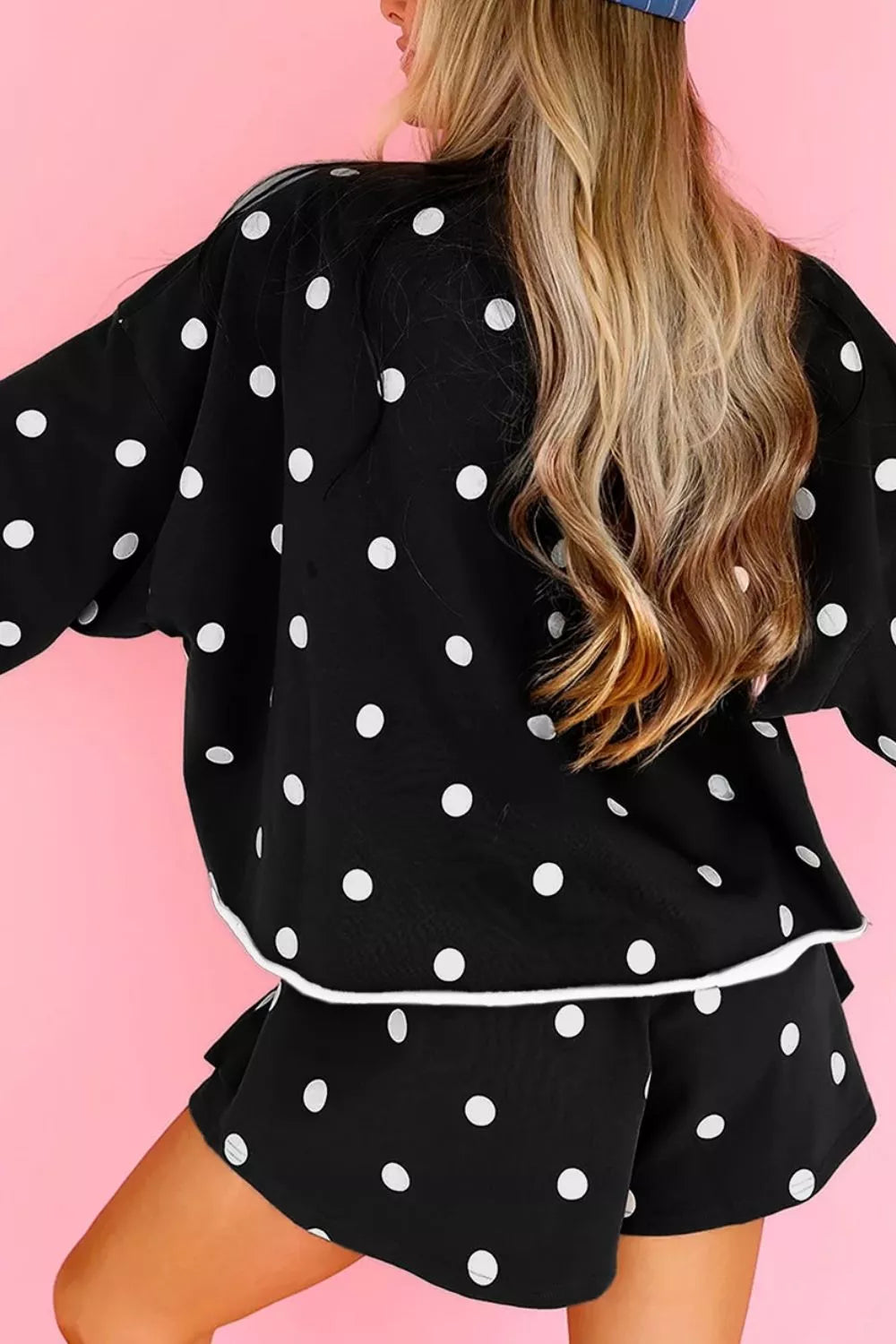 Women's Black Polka Dot Raw Hem Relaxed Pullover Loose Skort Two Piece Set - Black