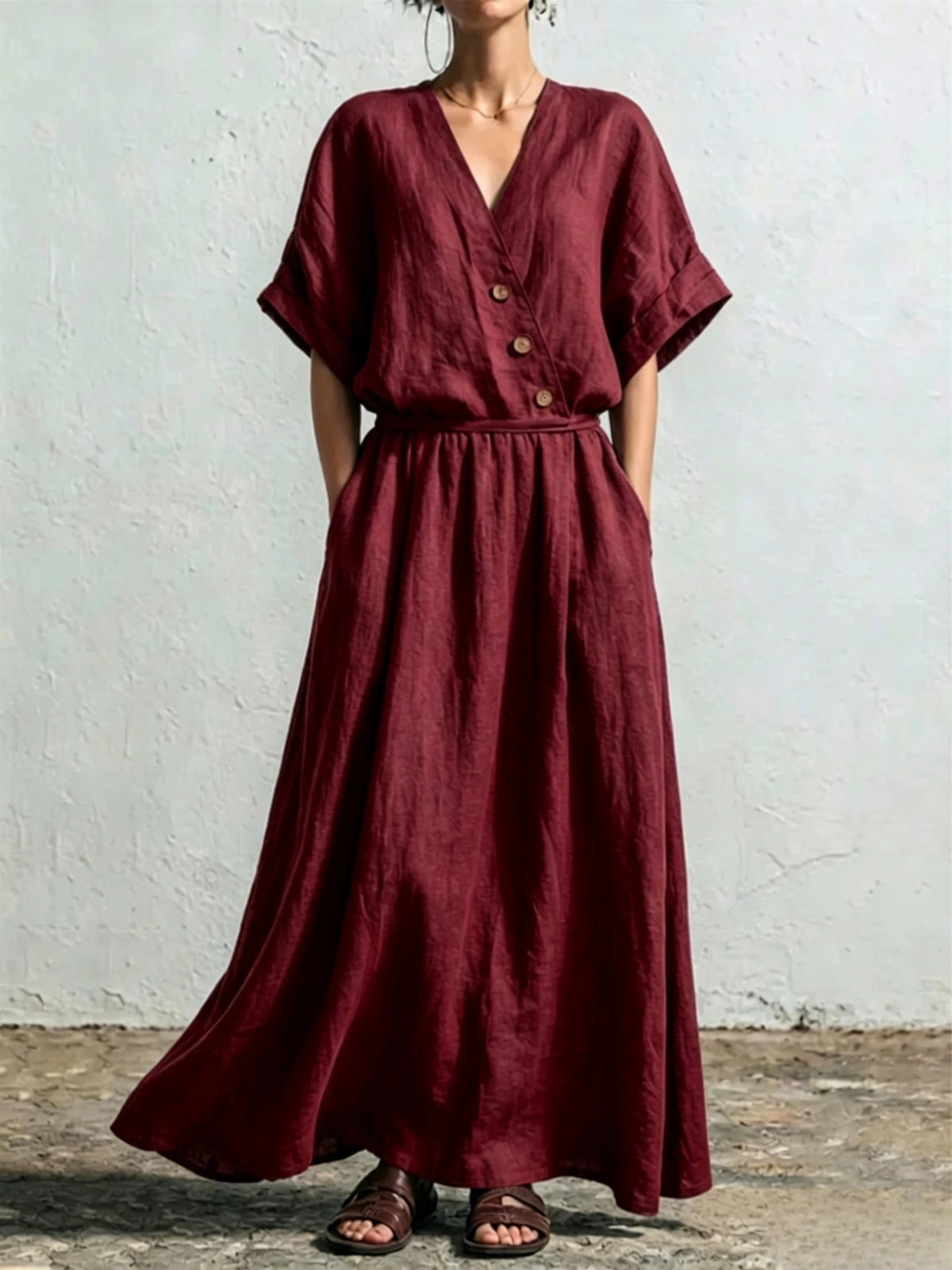 Women's Solid-Color Casual Loose V-Neck High-Waisted Dress