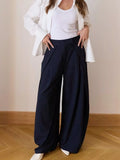 Women's High-Waisted Wide-Leg Pants - Dark Blue Stripes