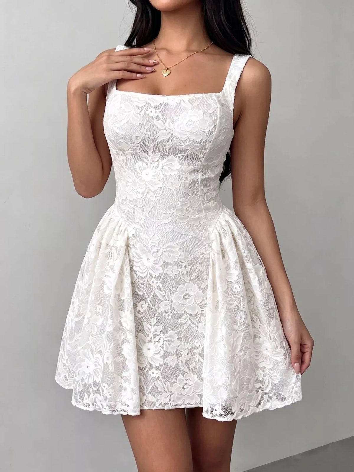 Women's Floral Lace Square Neck Mini Dress - White