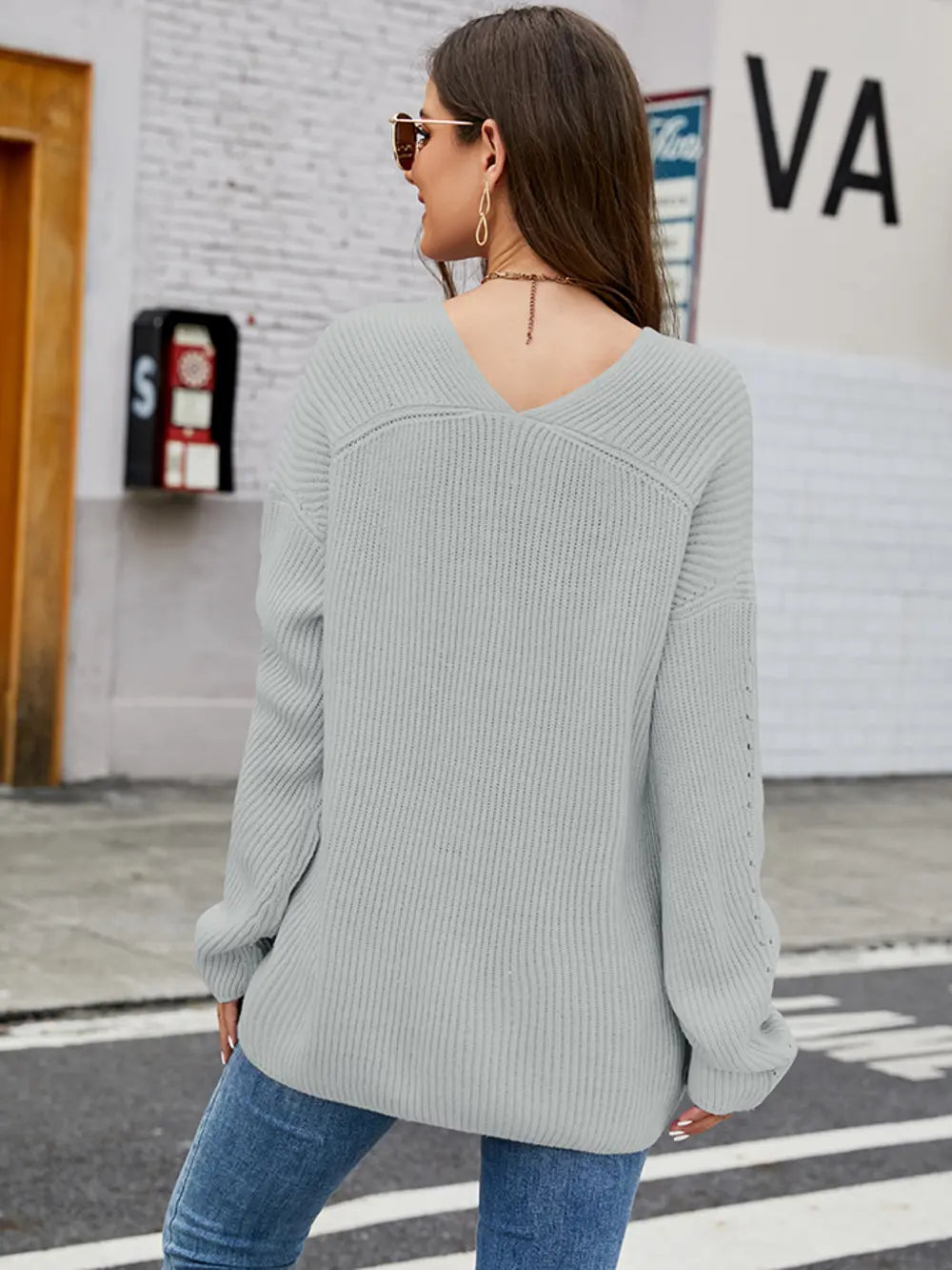 Women's Openwork Dropped Shoulder Long Sleeve Sweater