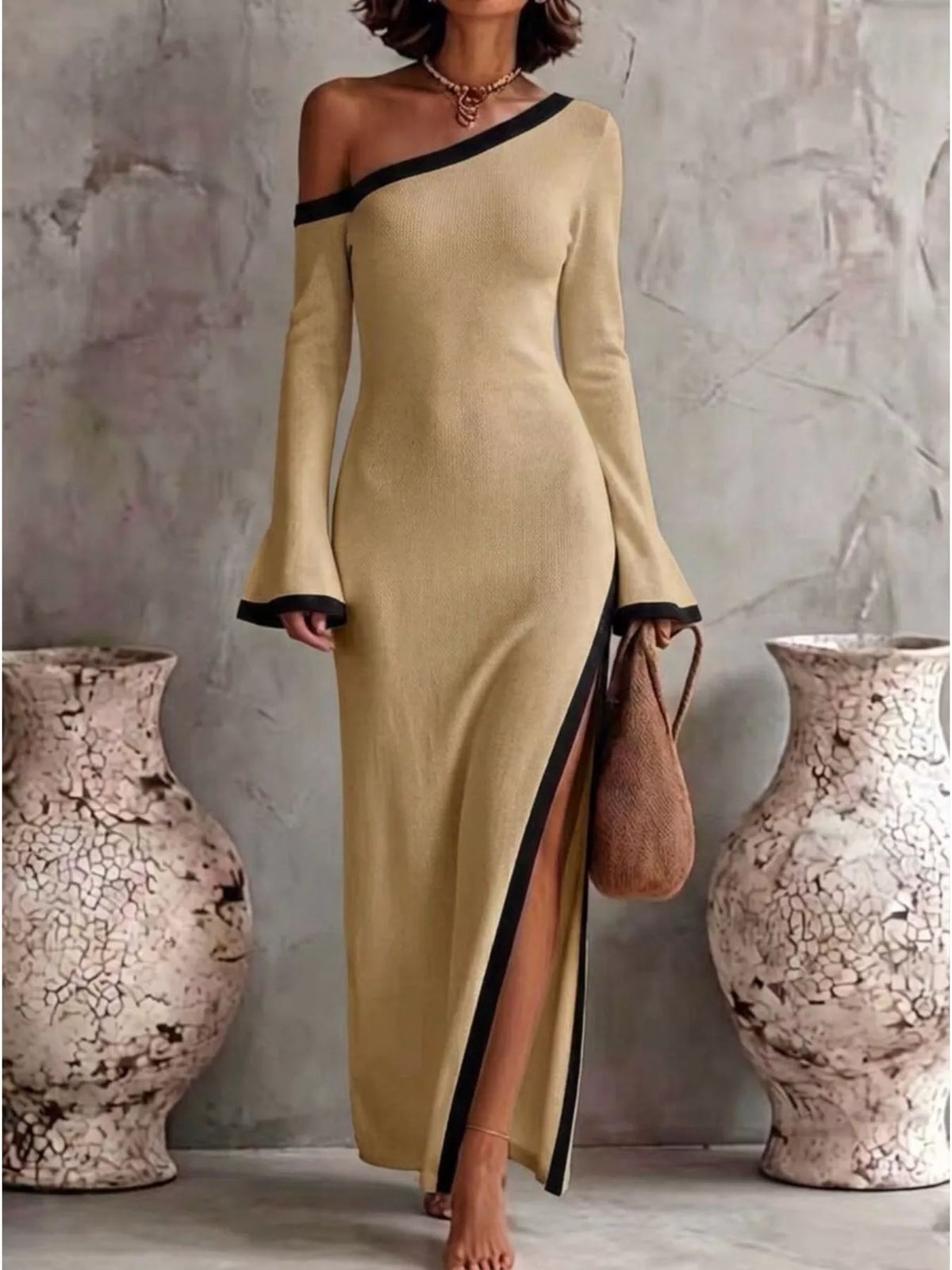 Women's Slit One-Shoulder Contrast Trim Maxi Dress - Tan