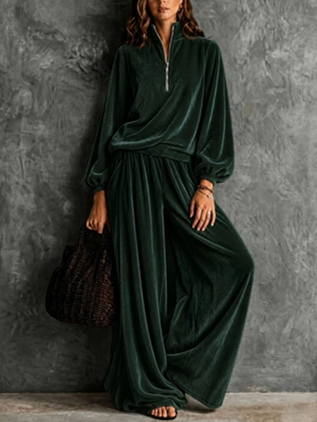 Women's Anno New Autumn Winter Women Velvet Fashion Casual Loose Zipper Long Sleeve Tracksuit - Green