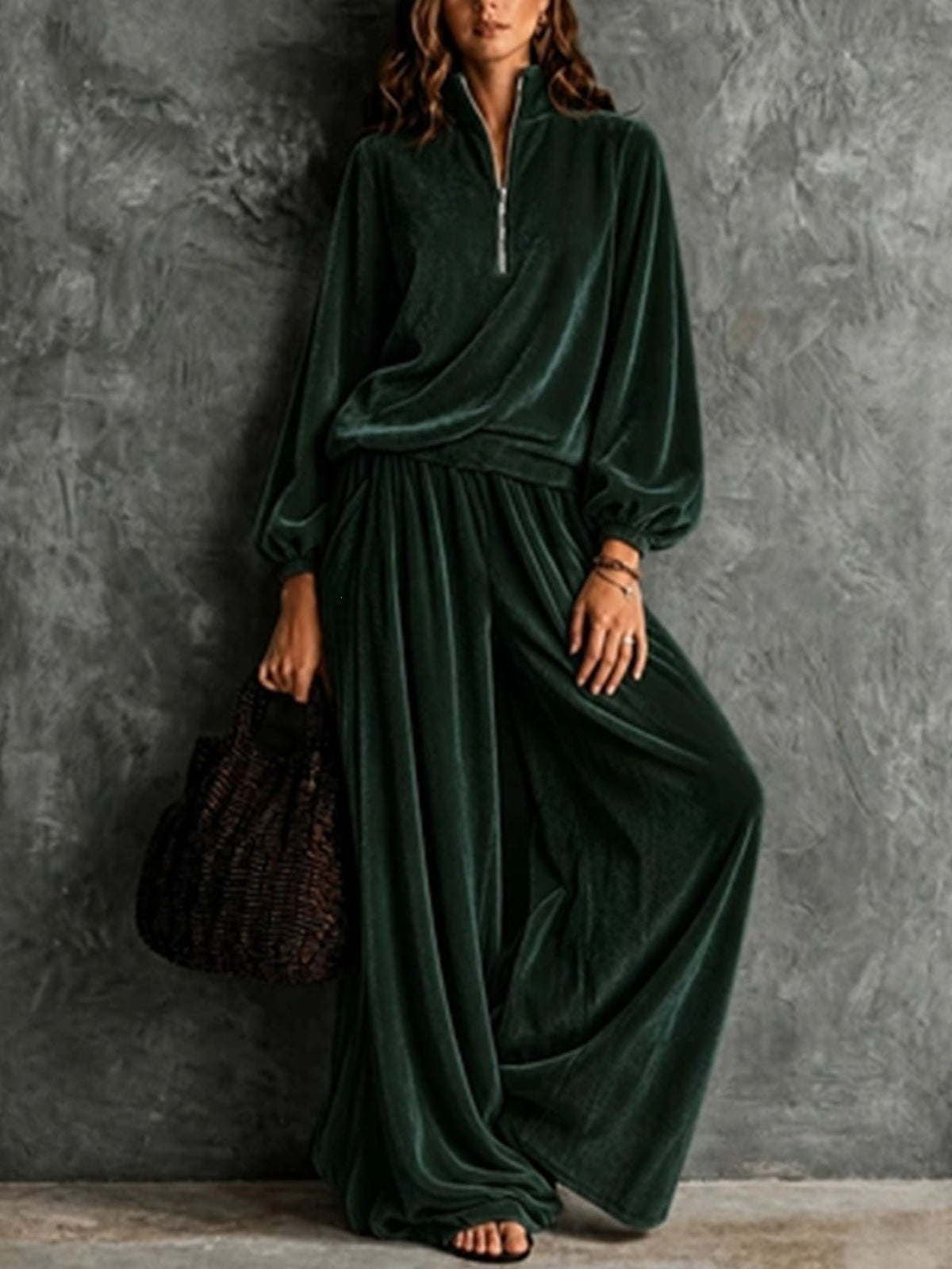 Women's Anno New Autumn Winter Women Velvet Fashion Casual Loose Zipper Long Sleeve Tracksuit - Green