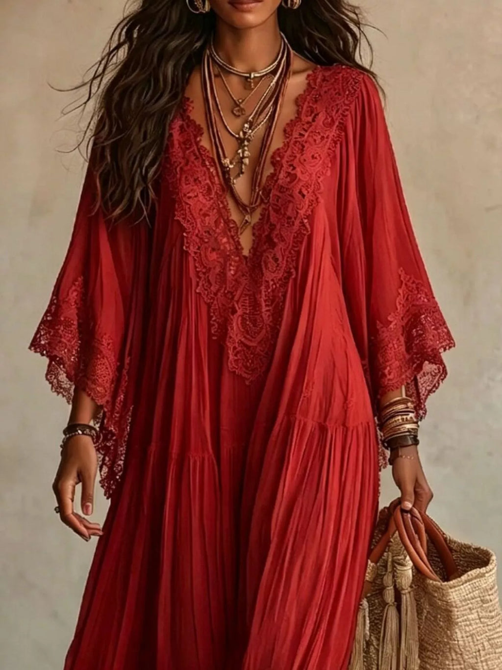 Women's Lace Trim V-Neck Maxi Dress