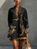 Navy Blue Gold Thread Abstract Print, Lace-Trimmed Collar, Three-Quarter Sleeves, Loose-Fitting Holiday-Style Cotton-Linen Short Dress With Belt