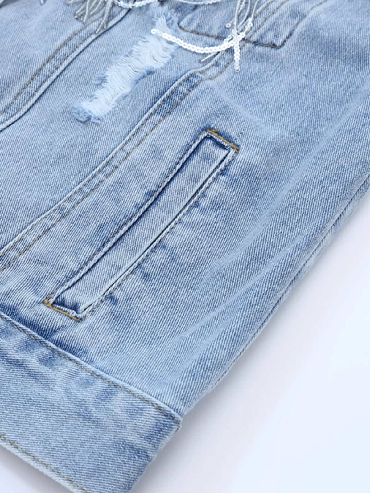 Women's Light Blue Fringed Sequin Embellished Denim Jacket - Light Blue