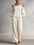 Women's Linen Blend Two-piece Set With Double Straps