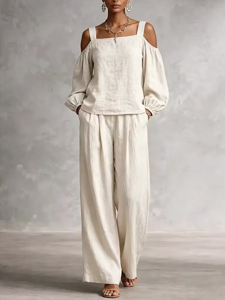 Women's Linen Blend Two-piece Set With Double Straps
