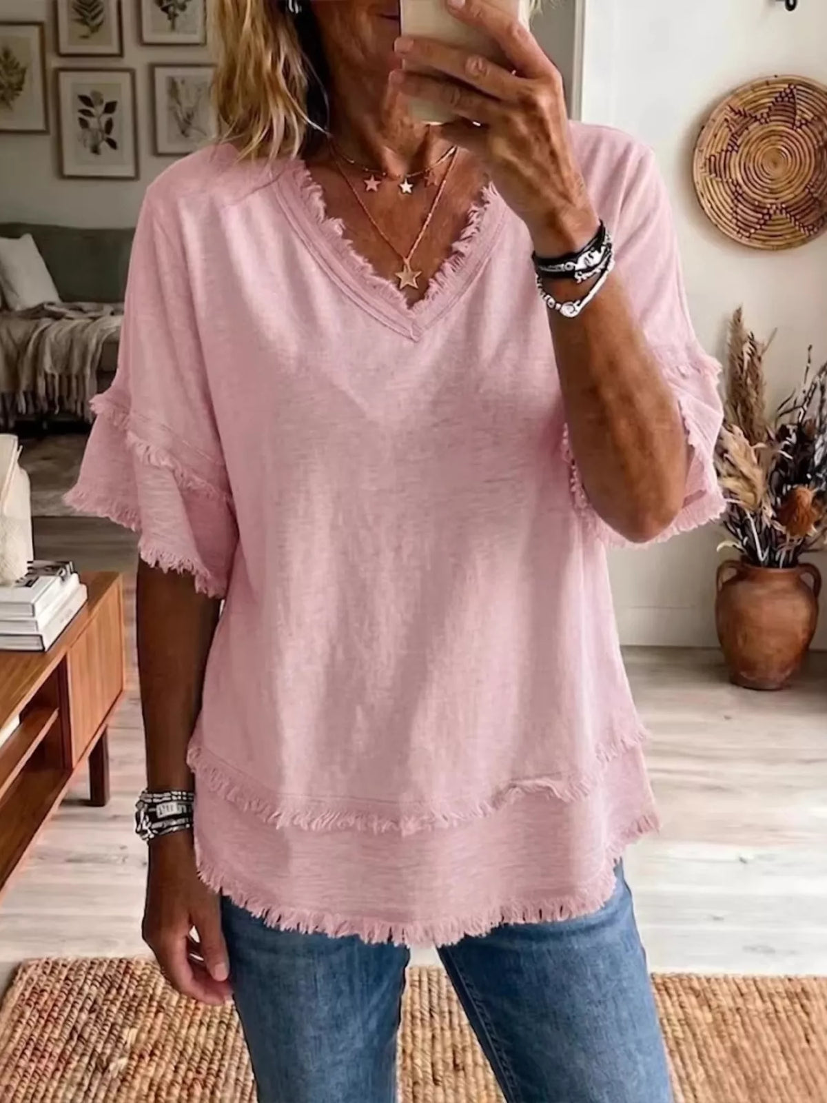 Full Size Frayed Edge V-Neck Blouse Plus Size