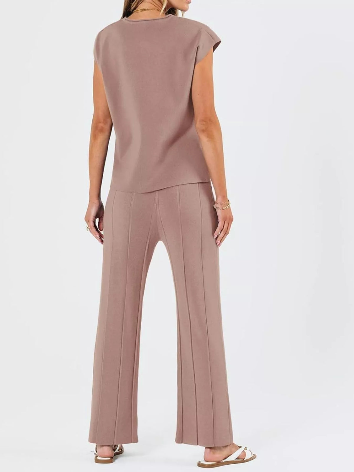 Women's Casual Solid Color Cap Sleeve Top and Pants Knit Set