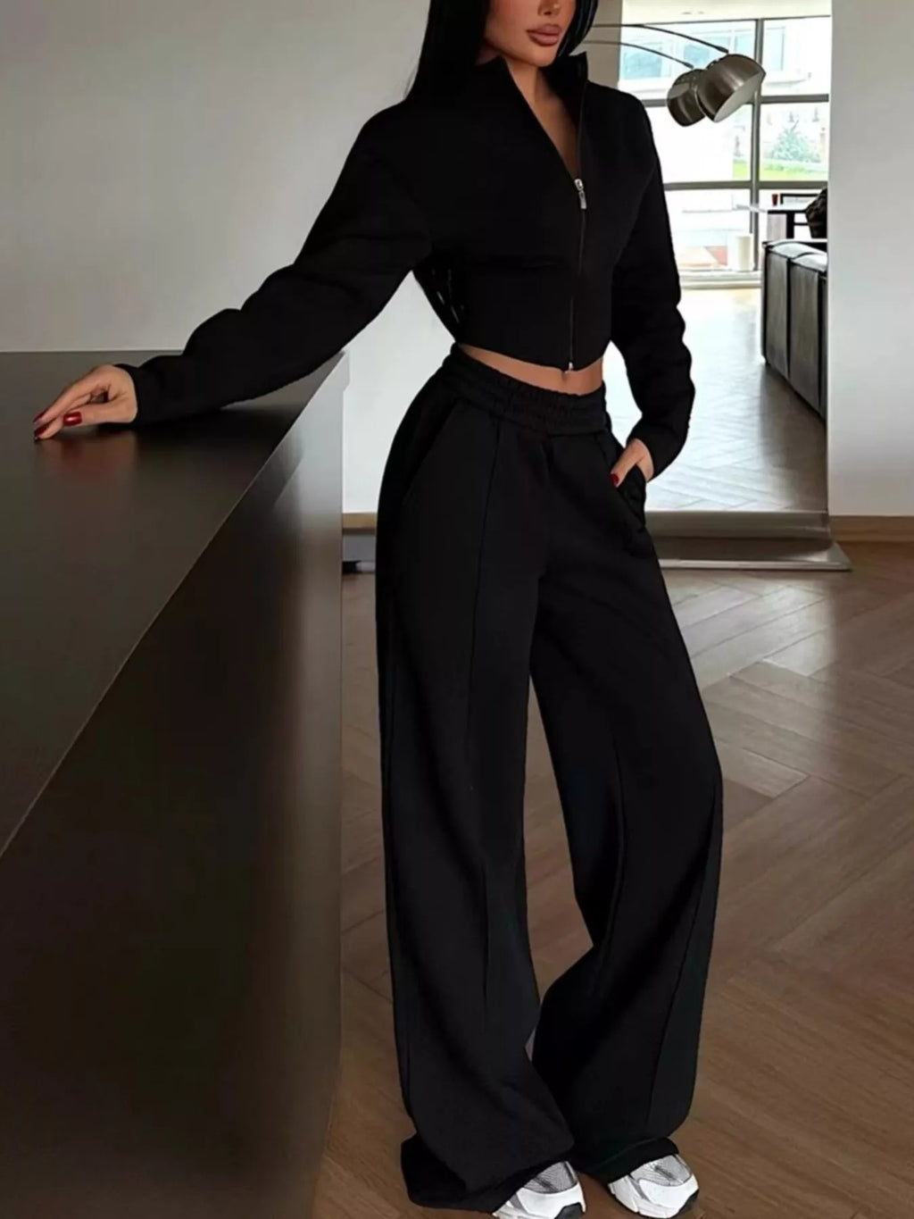 Women's Zip-Up Crop Jacket and Wide-Leg Pants Set