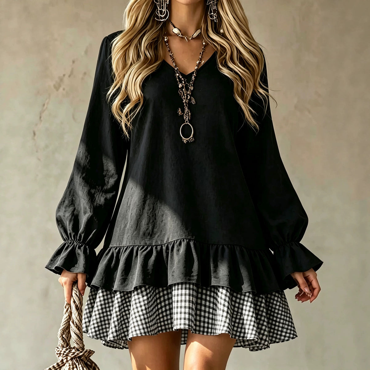 style V-neck Long-sleeved Dress