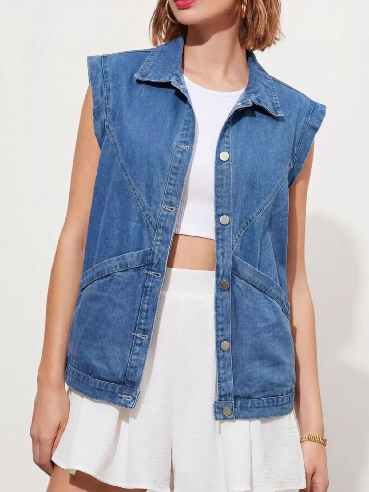 Women's Blue Button-Down Denim Vest - Blue