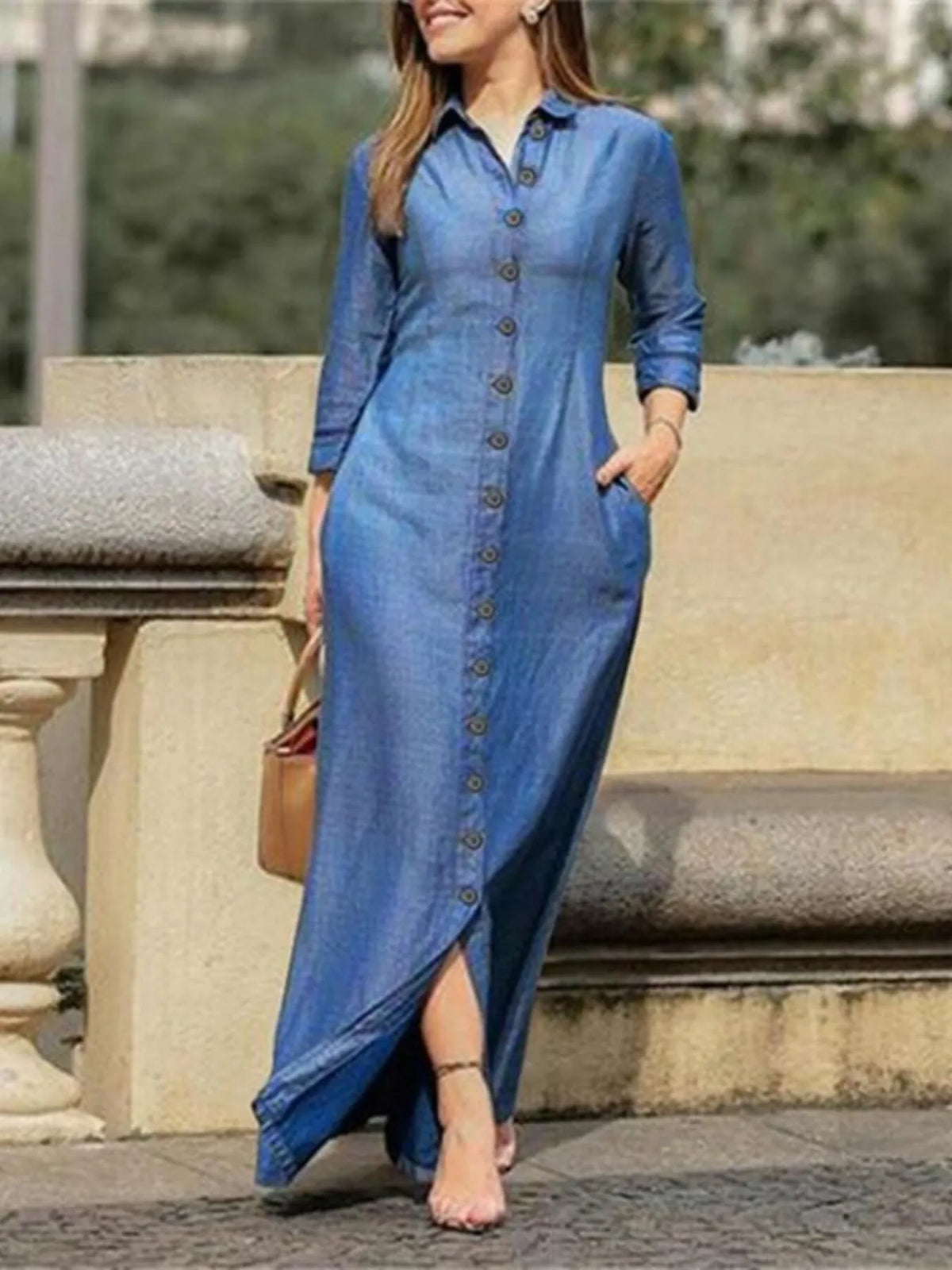 Full Size Button-Down Maxi Denim Dress Plus Size