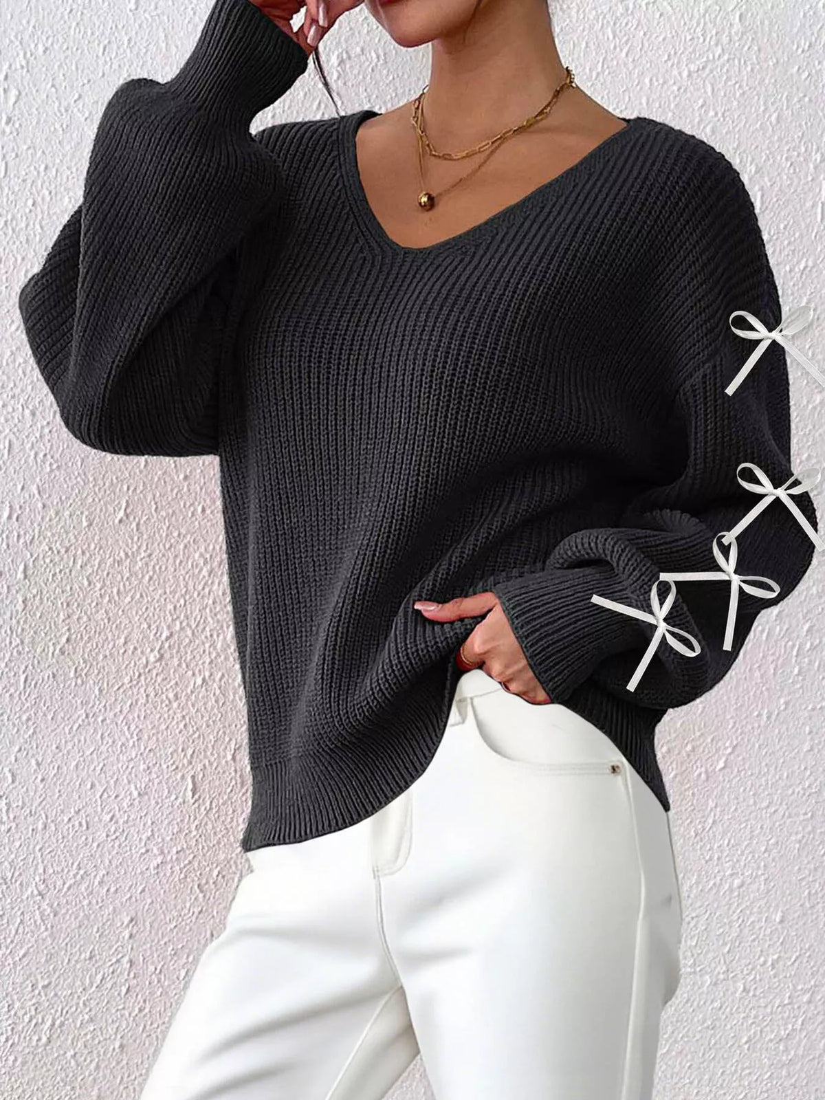 Women's Bow-Tie Sleeve V-Neck Sweater
