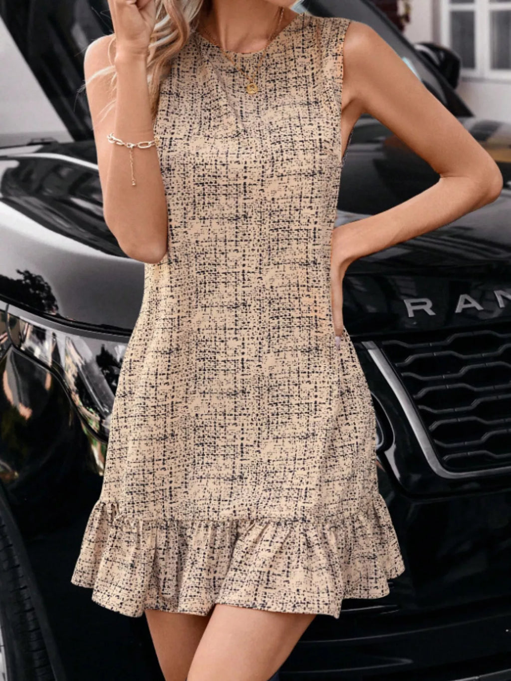 Women's Tweed Sleeveless Ruffle Hem Mini Dress - Tan