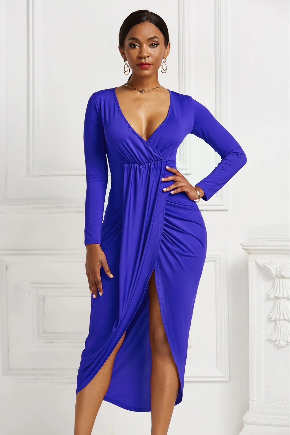 Women's High-low Ruched Surplice Long Sleeve Dress - Royal  Blue