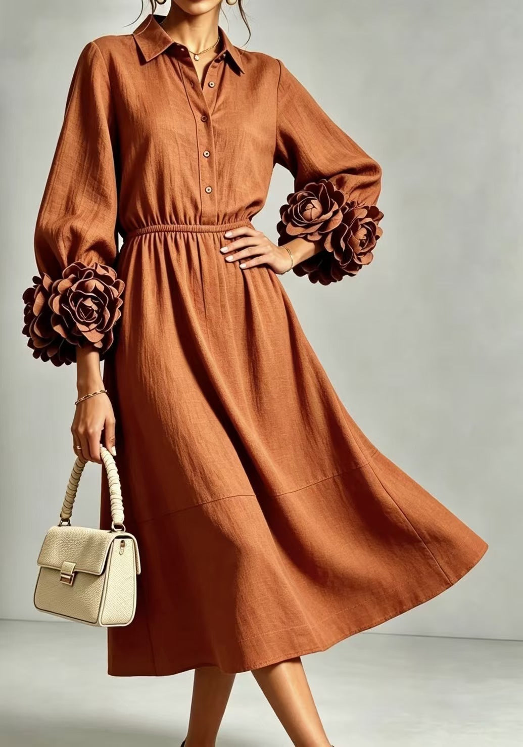 Best-selling Solid-color Round-neck Long-sleeved Floral Dress