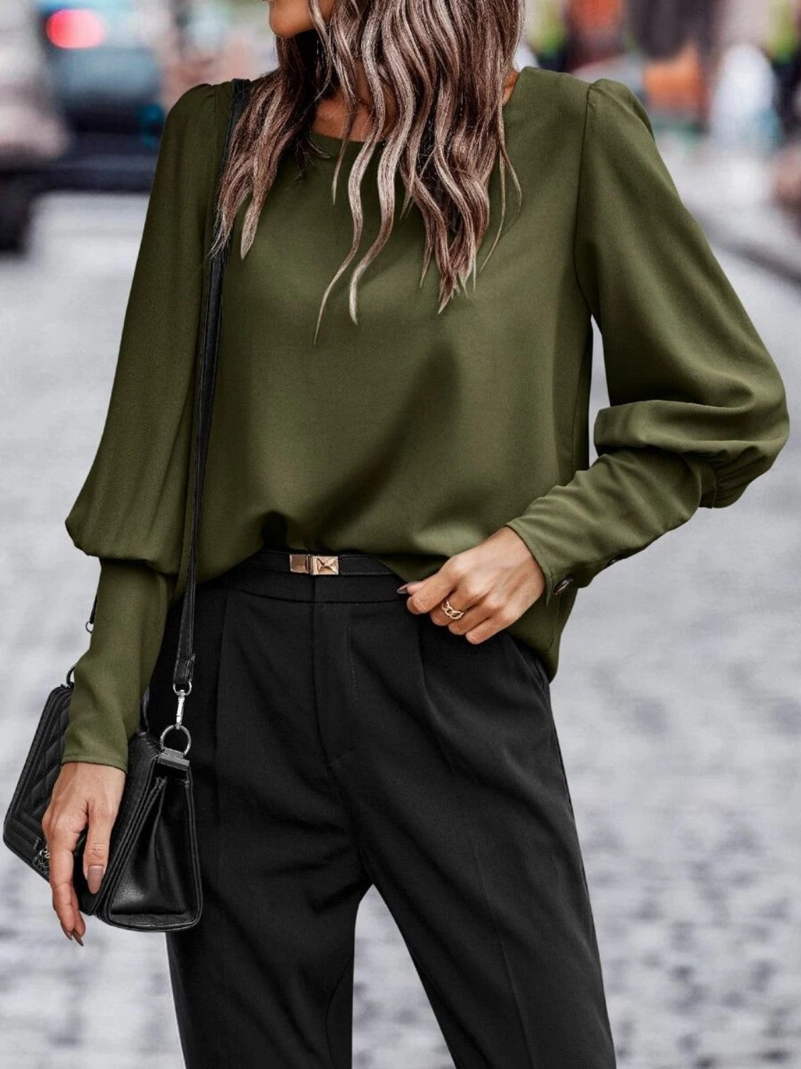 Women's Round Neck Lantern Sleeve Blouse