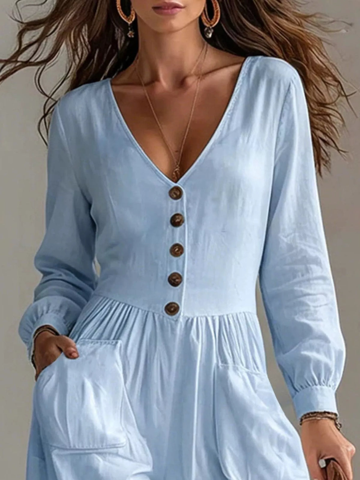 Women's V-Neck Long Sleeve Button Front Wide-Leg Jumpsuit