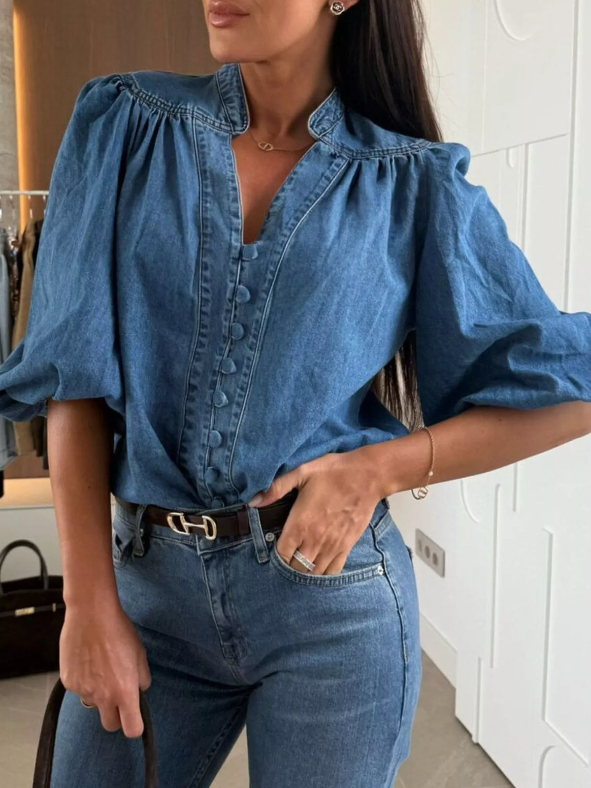 Women's Puff Sleeve Button Front Denim Top - Dark Blue