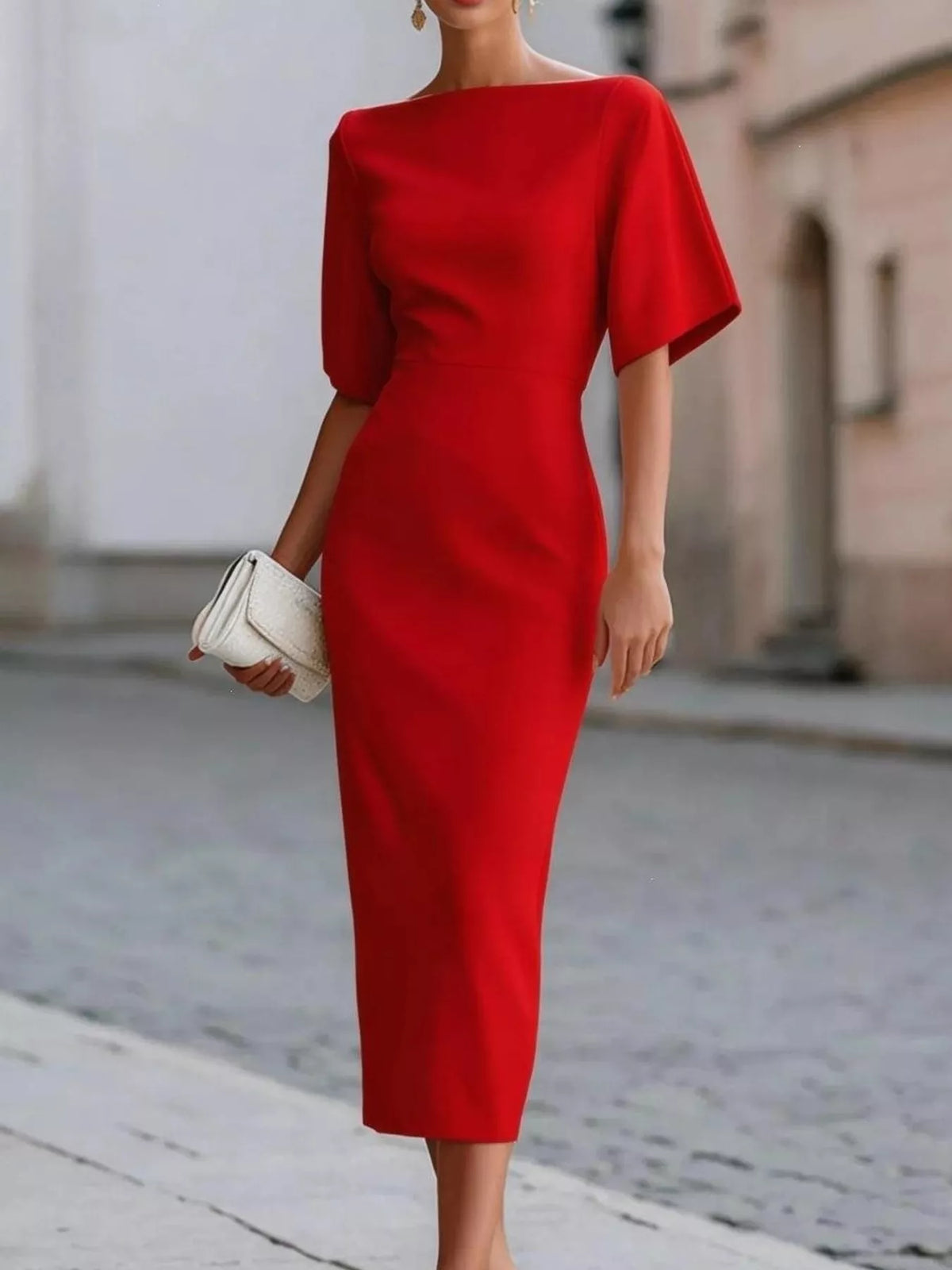 Half Sleeve Boat Neck Midi Dress