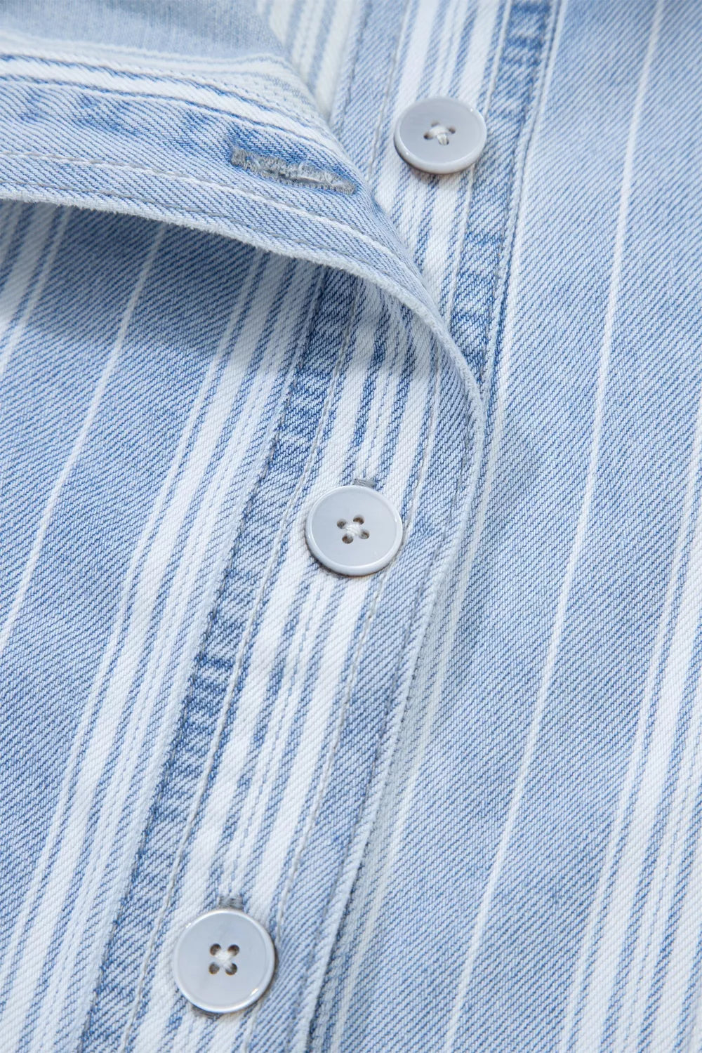 Women's Light Blue Stripe Boyfriend Chest Pocket Classic Denim Shacket - Light Blue