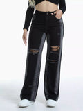 Women's Black Distressed Wide-Leg Jeans - Black
