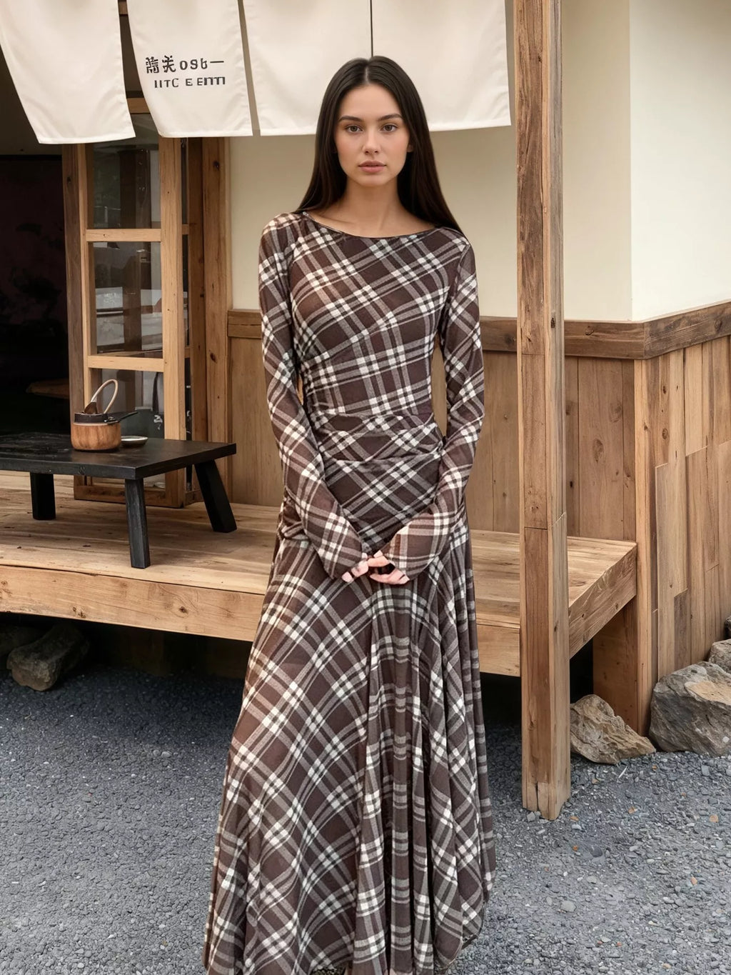 Women's Brown Plaid Long-Sleeve Slim-Fit Maxi Dress - Brown