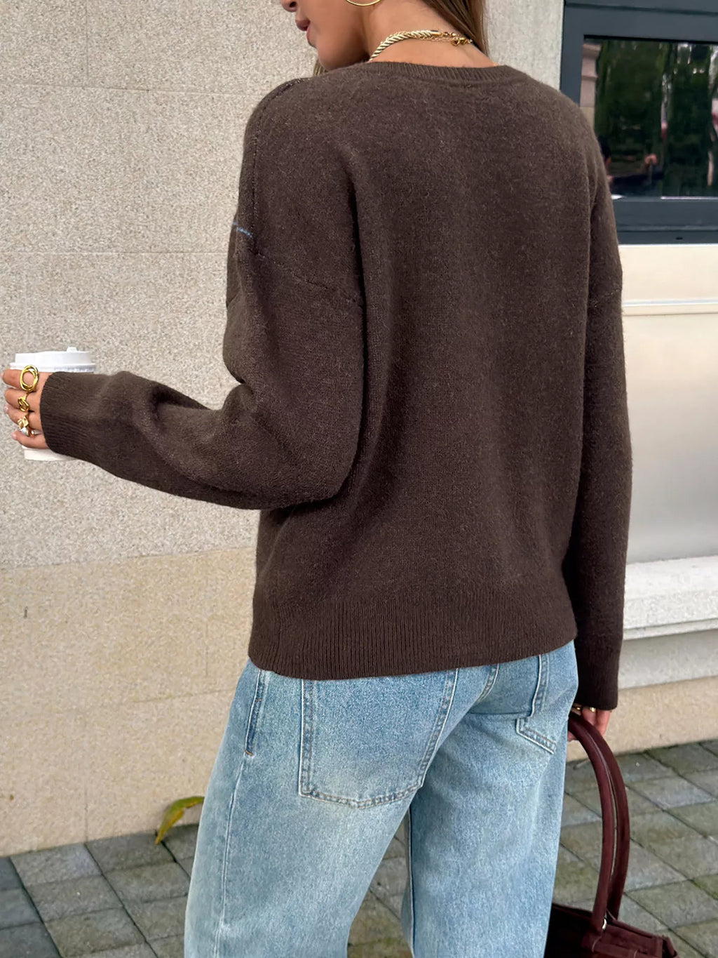 Women's Brown Argyle Pattern V-Neck Knit Sweater - Brown