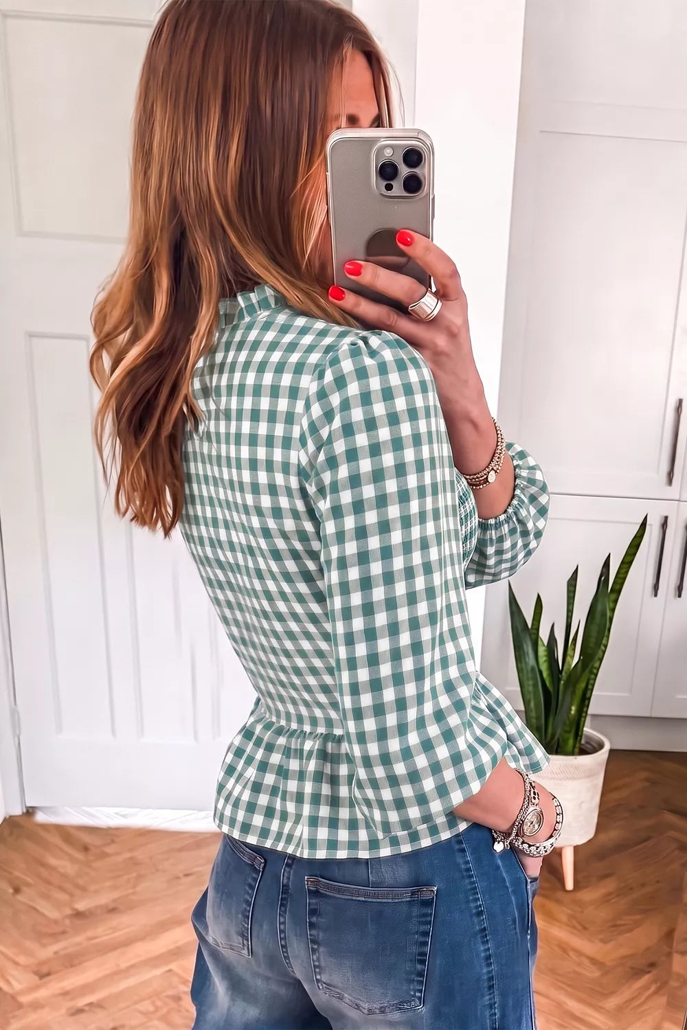 Women's Sage 3/4 Sleeve Shirred Plaid Peplum Top - Sage