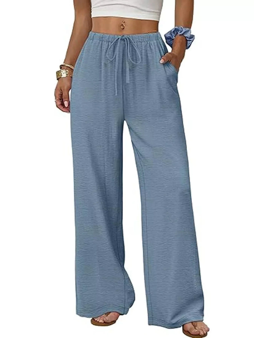 Women's Blue High-Waisted Wide-Leg Pants - Blue