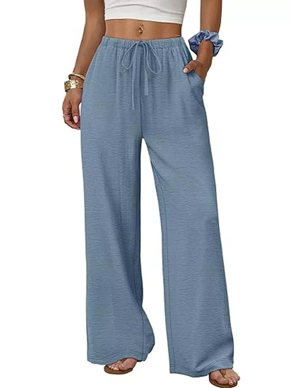 Women's Blue High-Waisted Wide-Leg Pants - Blue