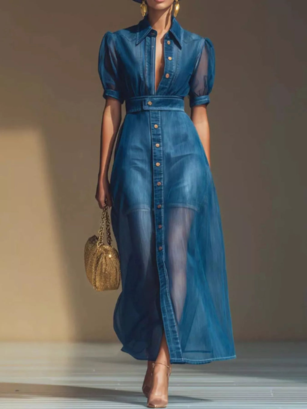 Women's Blue Sheer Panel Button-Down Maxi Dress - Blue