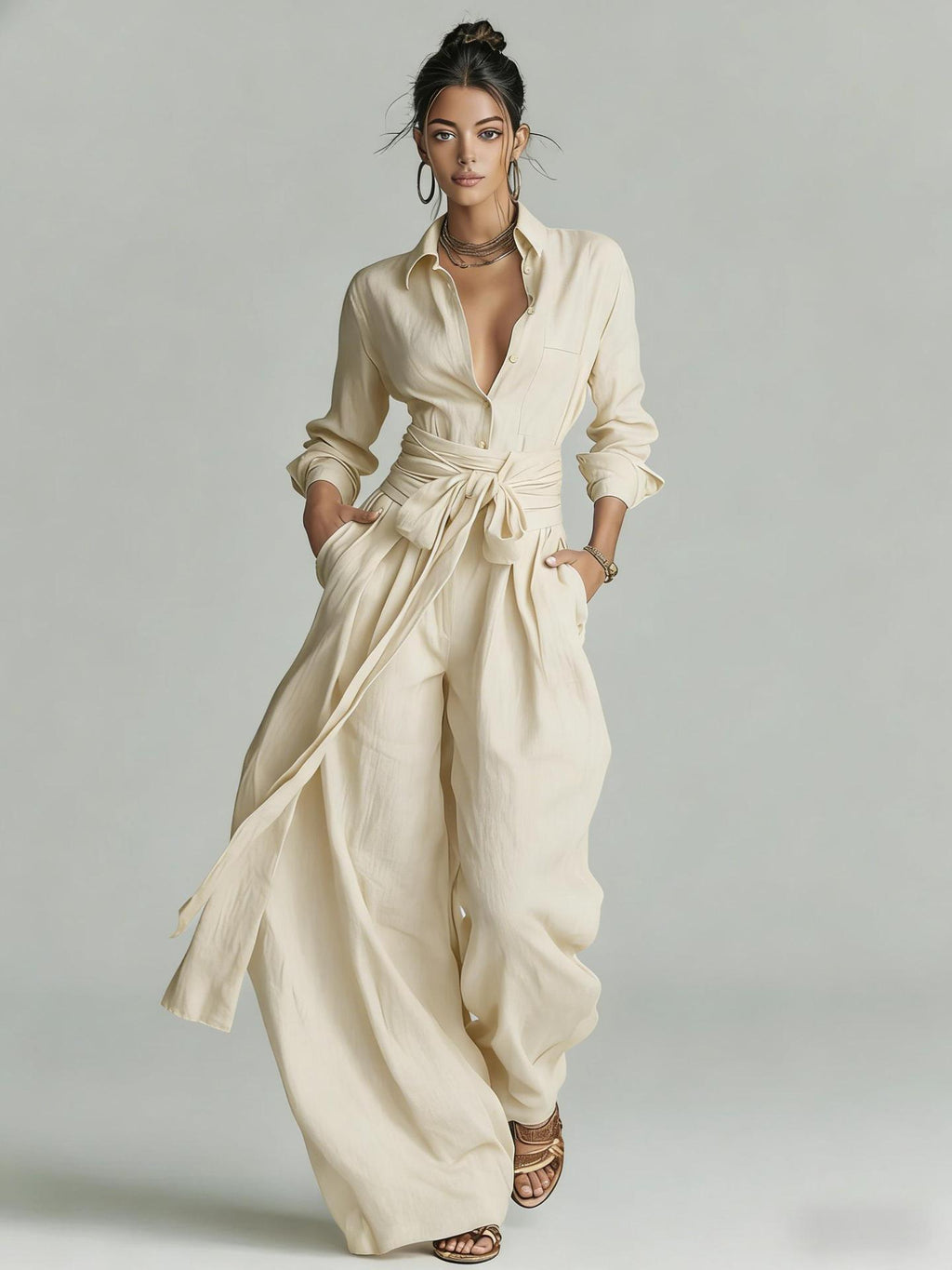 Women's 2026 Spring Summer Solid Color High Waist Short Sleeved Long Pants Fashion Casual Loose Trendy Casual Suit - Apricot