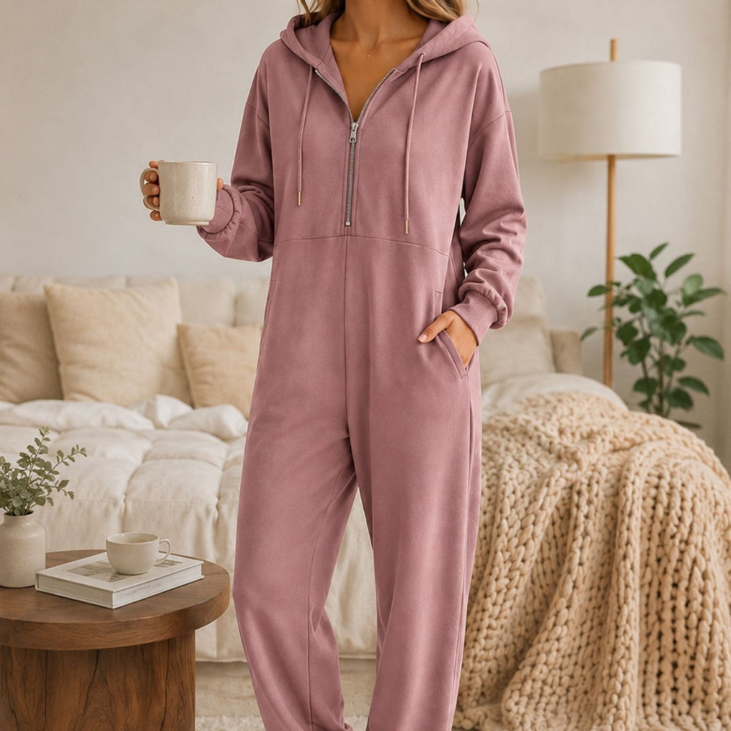 Hooded Zip-up Casual Loose-fitting Jumpsuit