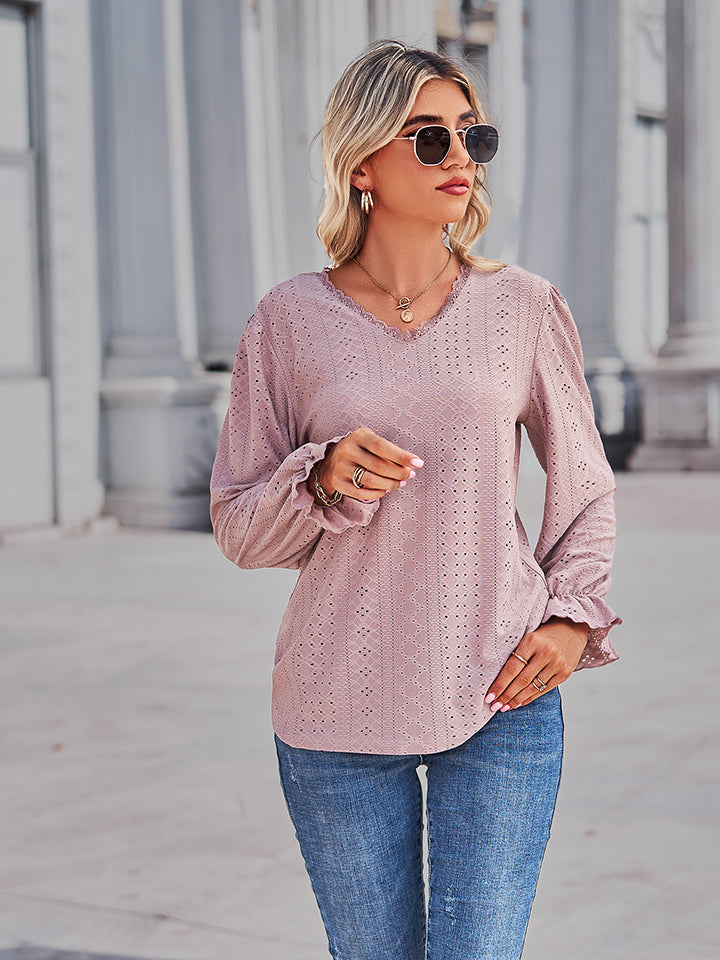 Women's Eyelet V-Neck Flounce Sleeve Blouse