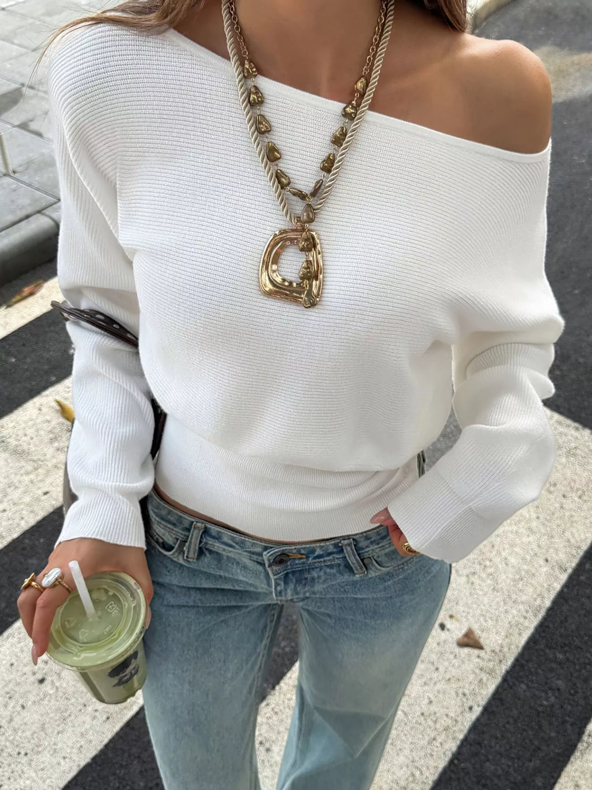 Women's White One Shoulder Ribbed Knit Top - White