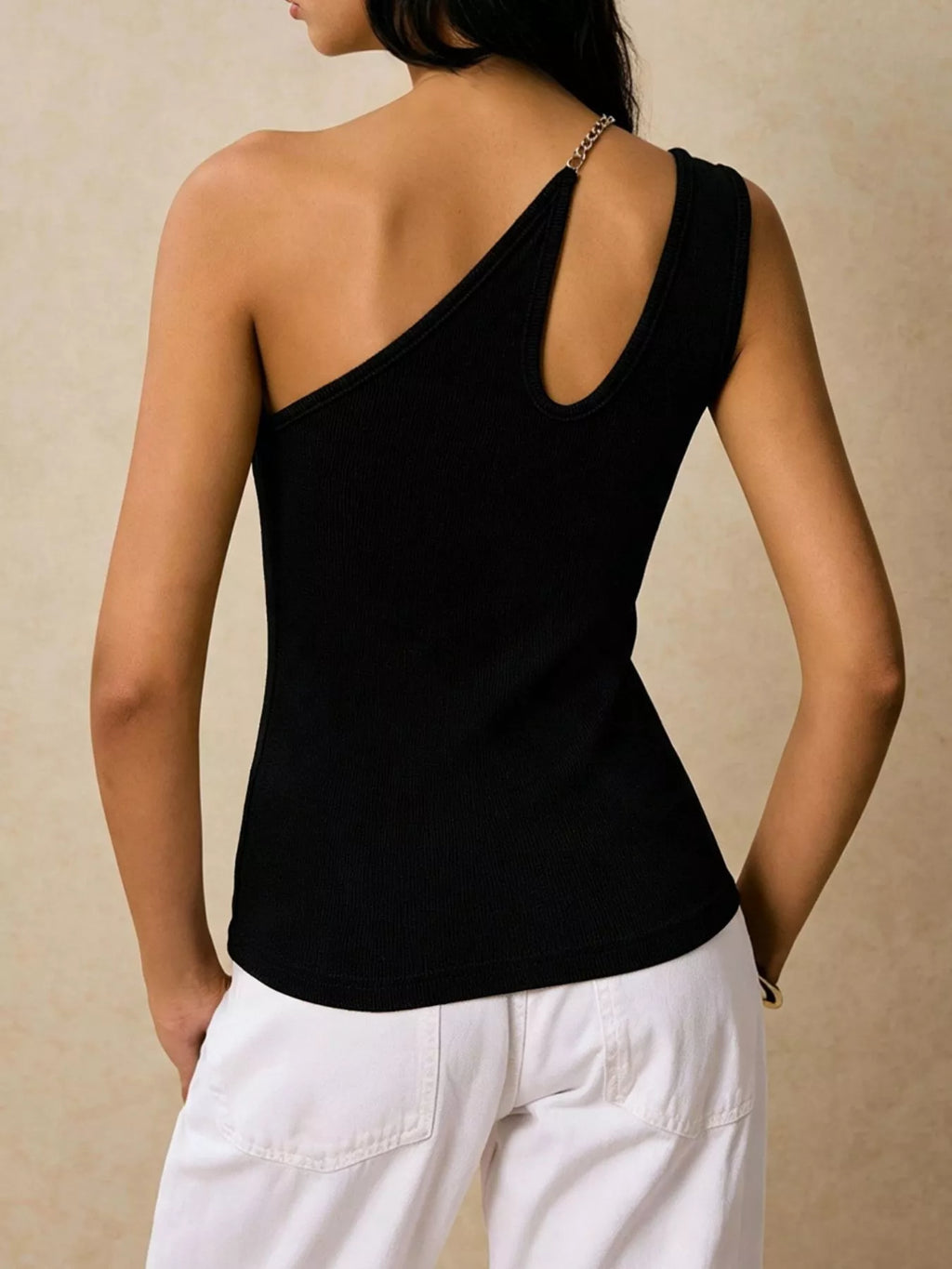 Women's Black Cutout Asymmetrical Chain Strap Ribbed Tank - Black