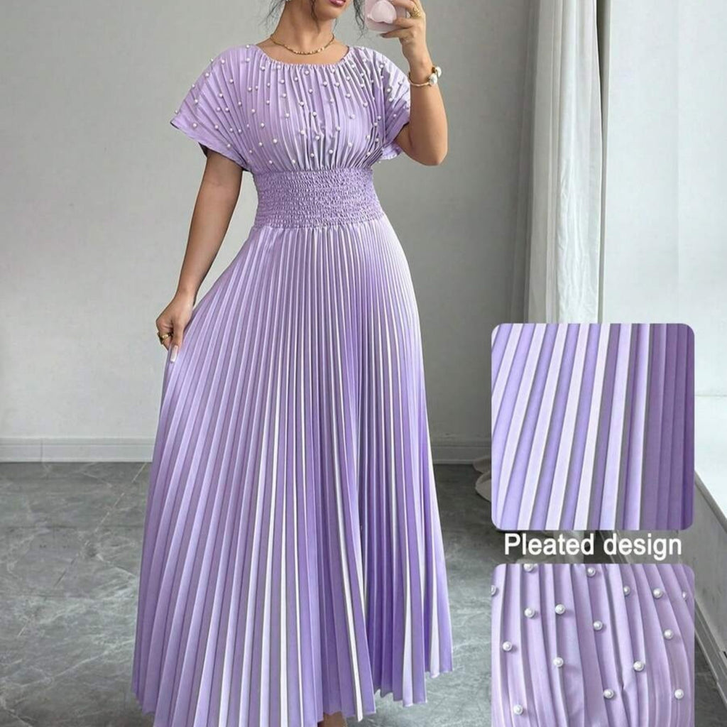 Women's Round-neck Pleated Dress With Pearl Detailing