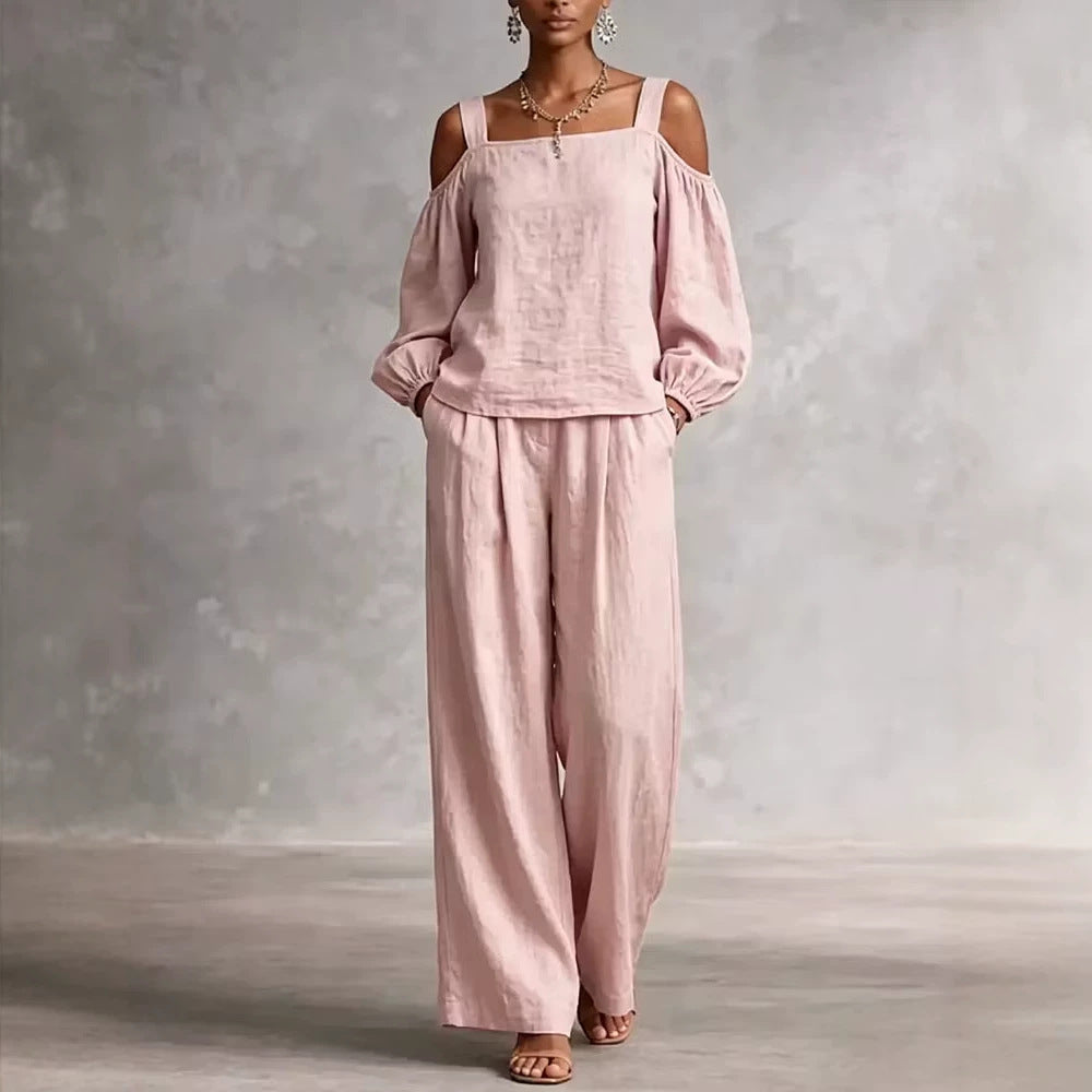 Women's Linen Blend Two-piece Set With Double Straps