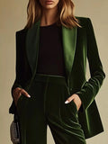 Women's Green Velvet Blazer and Wide-Leg Pants Set - Green