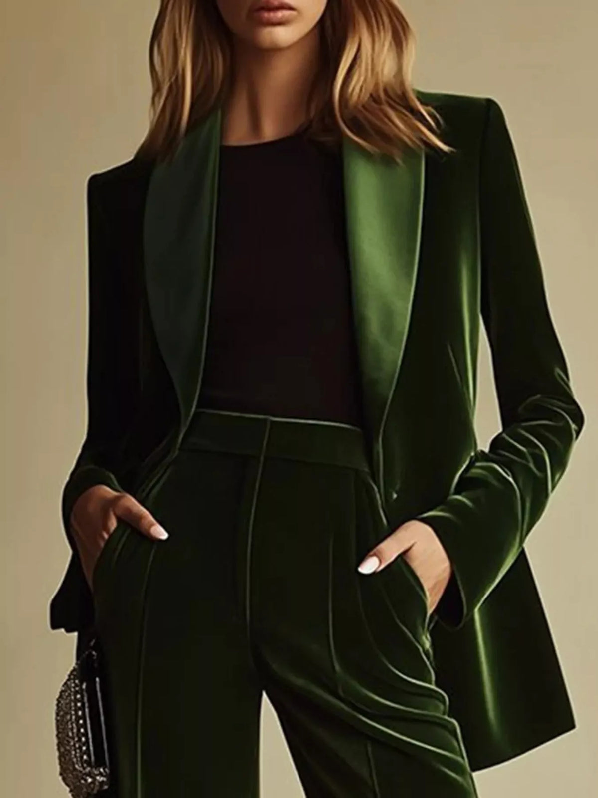 Women's Green Velvet Blazer and Wide-Leg Pants Set - Green