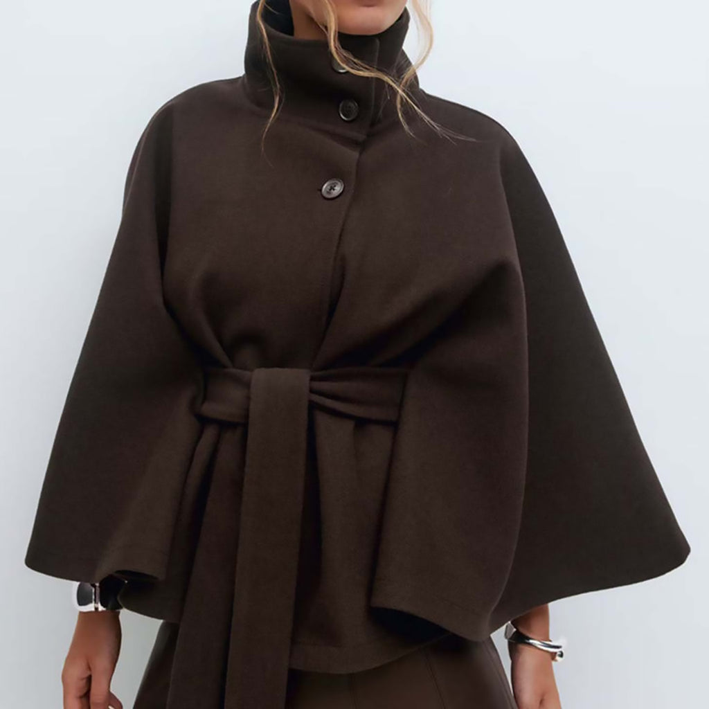 Women's Autumn And Winter New Fashion Solid Color Cape Stand Collar Button Belt Trench Coat Jacket