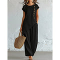 Women's Bohemian Beach Two Piece Set Round Neck Button Short Sleeve Top Wide Leg Trousers - Black