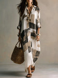 Women's Khaki New Arrival Casual & American Vacation Style Printed Lapel Long Sleeve Maxi Dress - Khaki