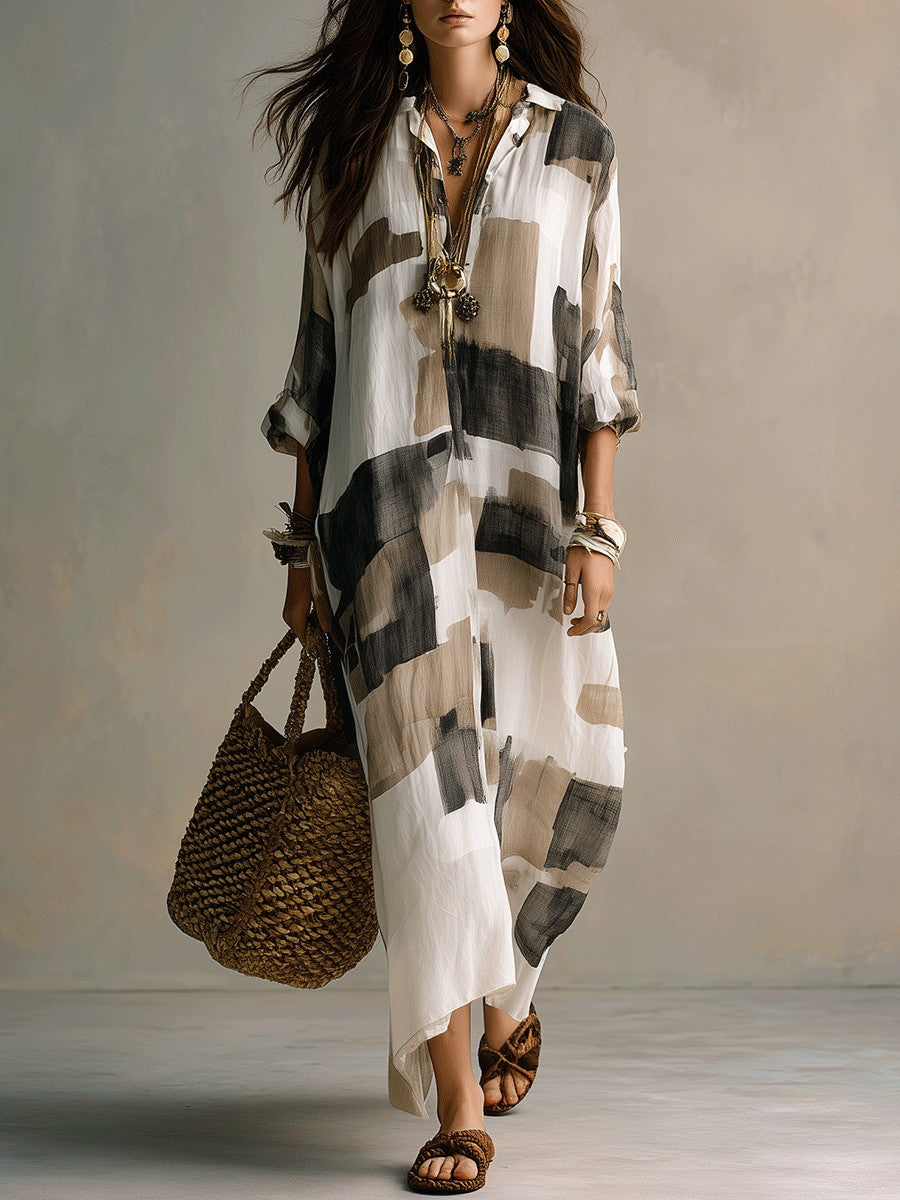 Women's Khaki New Arrival Casual & American Vacation Style Printed Lapel Long Sleeve Maxi Dress - Khaki